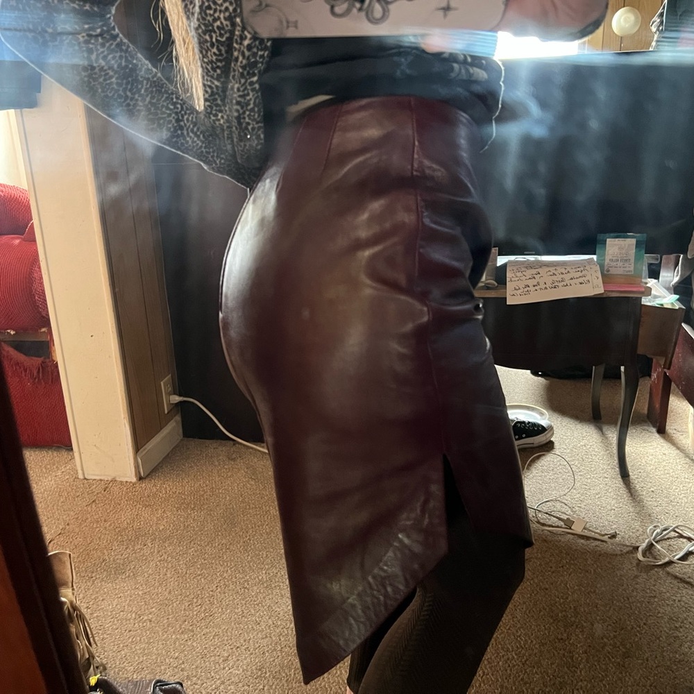 CACHE Oxblood Burgundy Leather Asymmetric Midi Slit Skirt 90s Deadstock